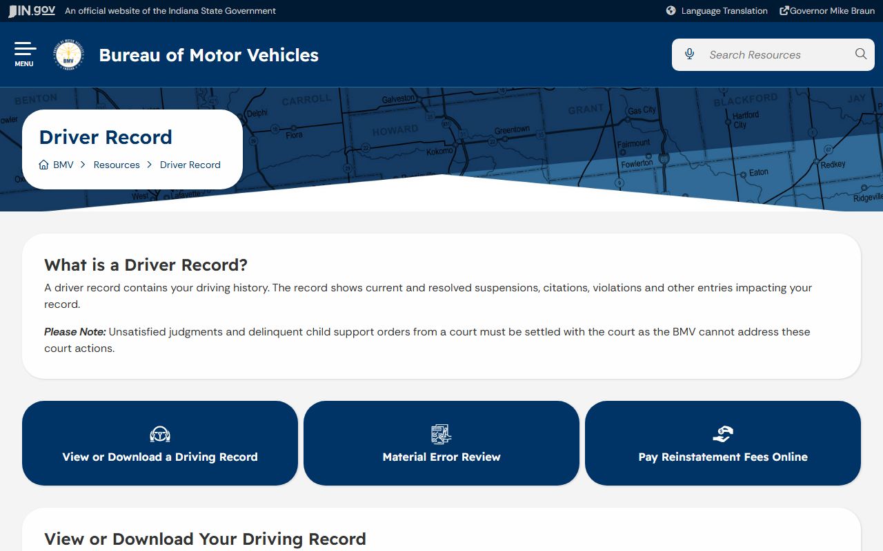 Gibson County traffic court records Indiana BMV driver record page